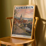Gamlebyen Oslo Travel Poster | Vintage Norway Wall Art Print | Peach Blue River Cityscape | Church Tower Terracotta Roofs Decor