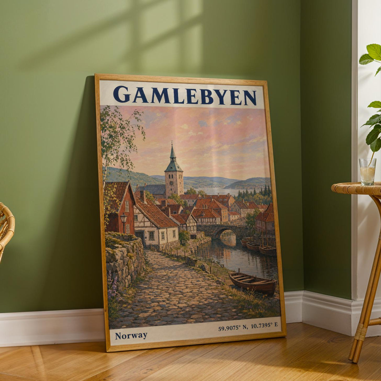 Gamlebyen Oslo Travel Poster | Vintage Norway Wall Art Print | Peach Blue River Cityscape | Church Tower Terracotta Roofs Decor