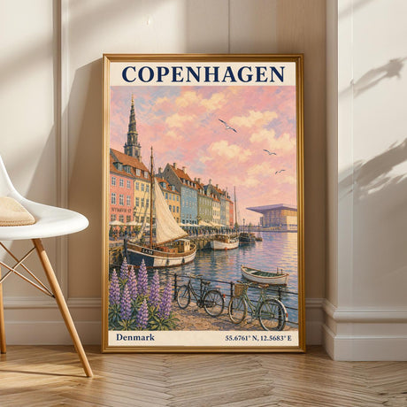 Copenhagen Harbor Travel Poster | Vintage Denmark Wall Art Print | Navy Cream Waterfront Cityscape | Scandinavian Coastal Decor