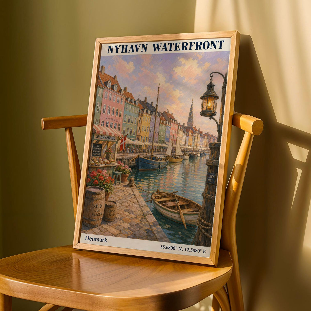 Nyhavn Copenhagen Travel Poster | Modern Denmark Wall Art Print | Navy Blue Waterfront Cityscape | Scandinavian Harbor Decor