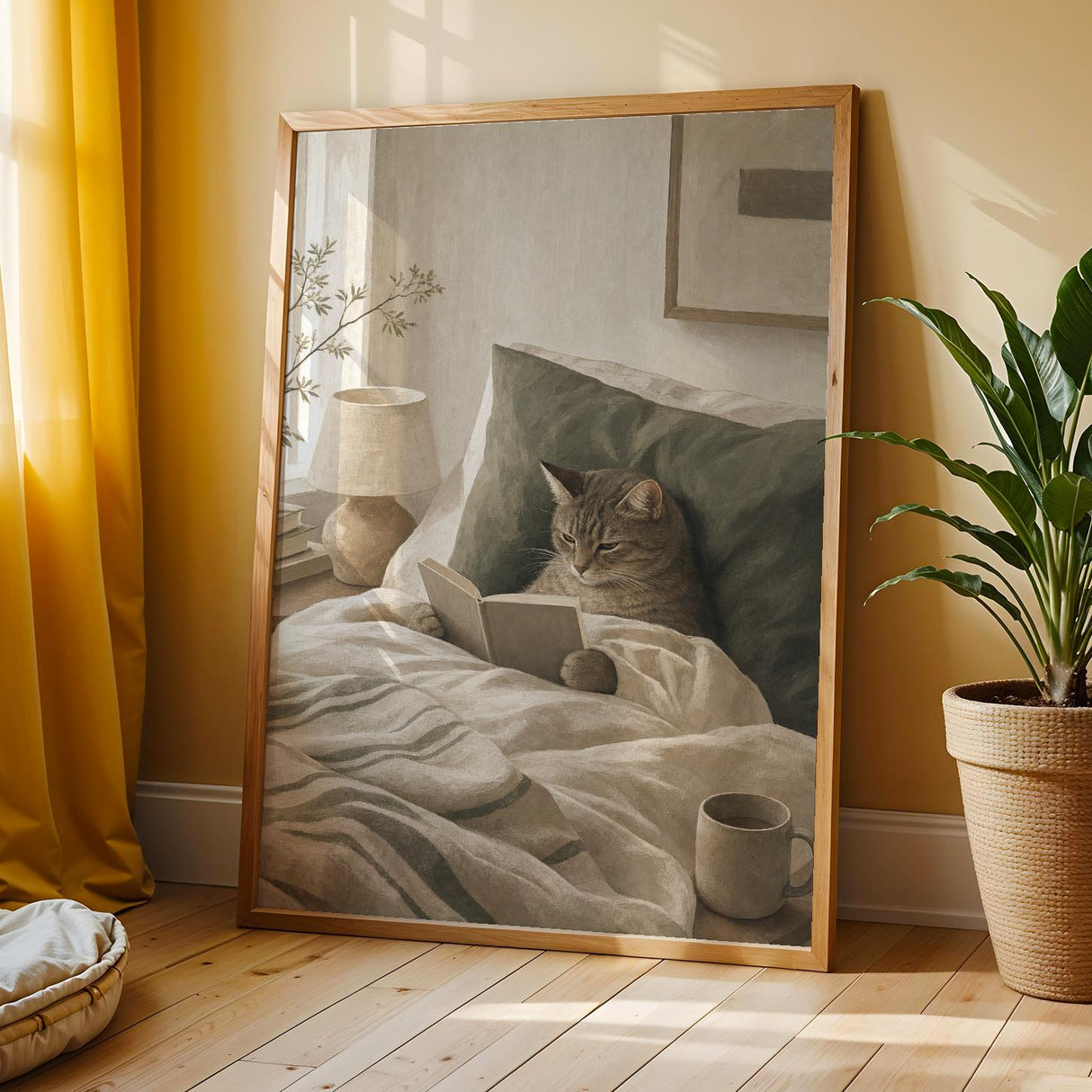 Scandinavian Cat Reading in Bed Poster | Modern Gouache Cat Wall Art | Warm Beige Faded Olive Decor | Cozy Nordic Bedroom Print