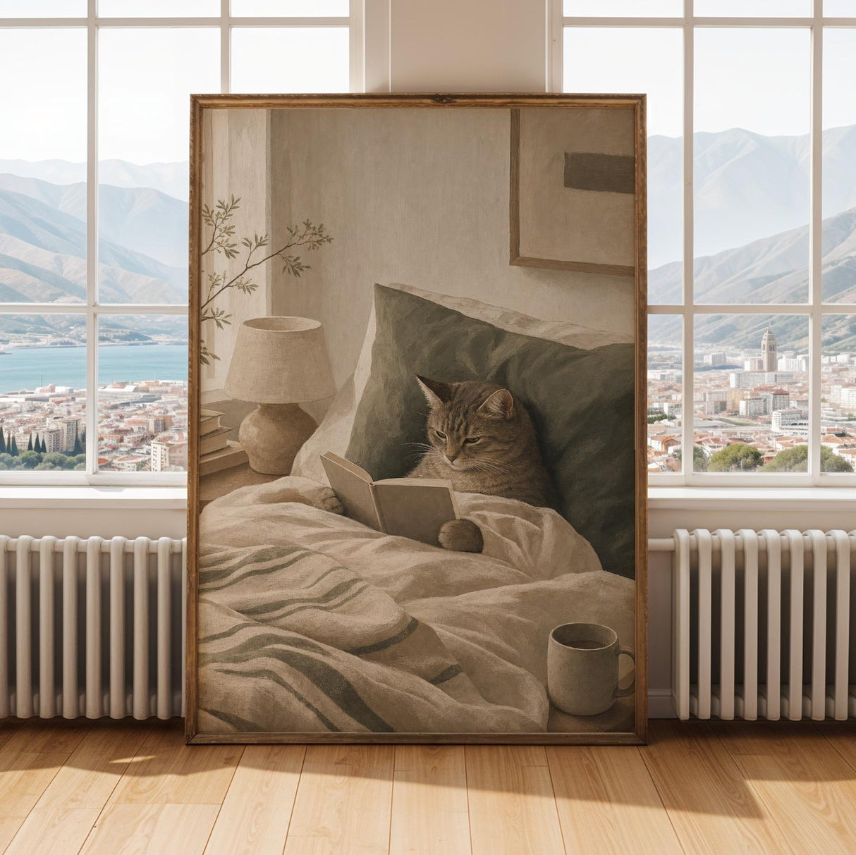 Scandinavian Cat Reading in Bed Poster | Modern Gouache Cat Wall Art | Warm Beige Faded Olive Decor | Cozy Nordic Bedroom Print