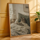 Scandinavian Cat Reading in Bed Poster | Modern Gouache Cat Wall Art | Warm Beige Faded Olive Decor | Cozy Nordic Bedroom Print