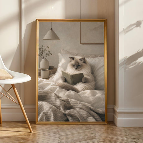 Ragdoll Cat Reading in Bed Poster | Modern Gouache Cat Wall Art | Warm Beige Oat Milk Decor | Cozy Minimalist Bedroom Print | Cat Lover Gift