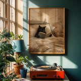Black Cat Reading in Bed Poster | Modern Minimalist Cat Wall Art | Cozy Bedroom Decor Print | Neutral Contemporary Home Art | Cat Lover Gift