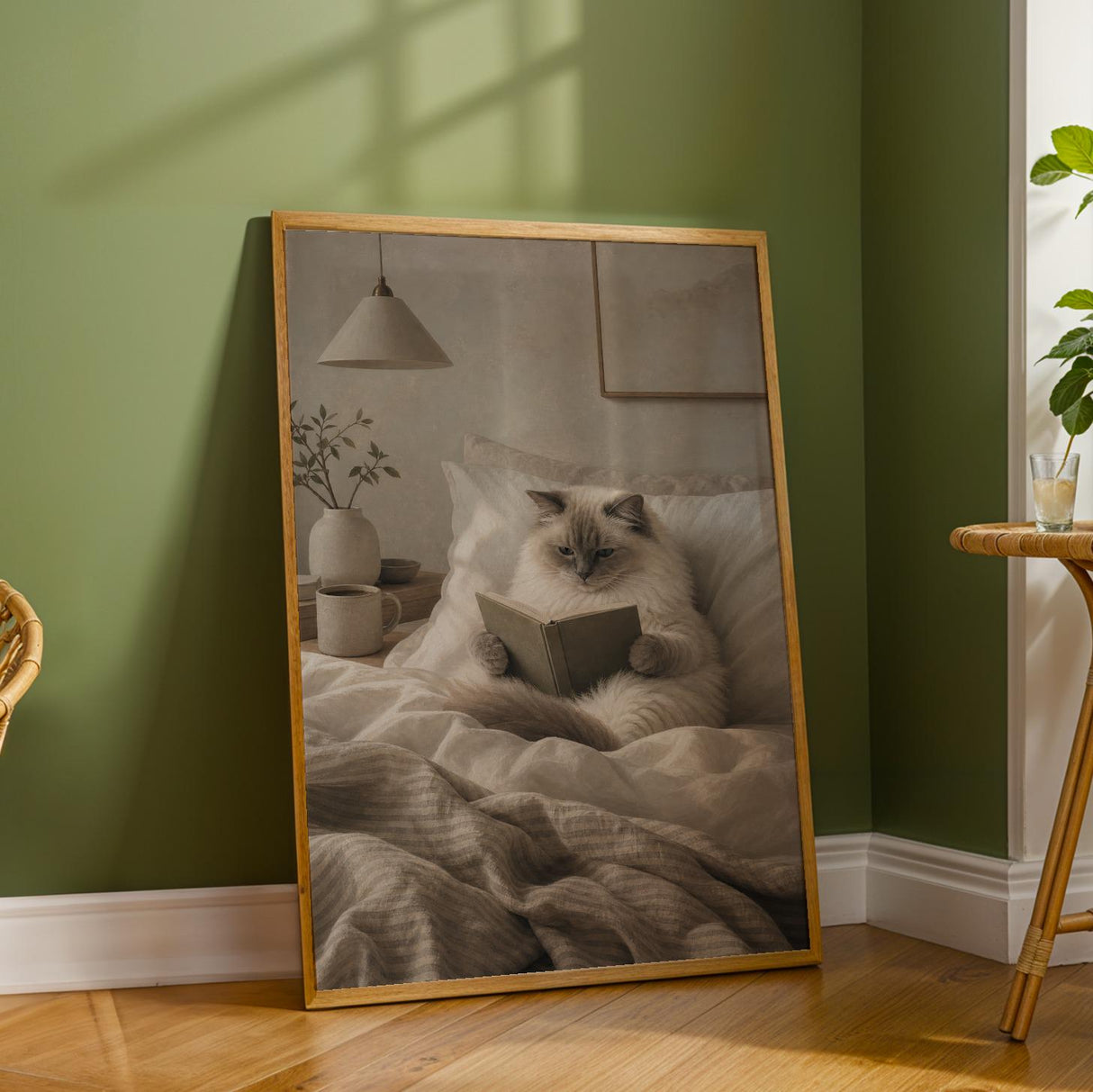 Ragdoll Cat Reading in Bed Poster | Modern Gouache Cat Wall Art | Warm Beige Oat Milk Decor | Cozy Minimalist Bedroom Print | Cat Lover Gift