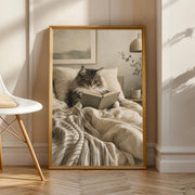 Norwegian Forest Cat Reading in Bed illustrated in Modern Gouache style on a poster