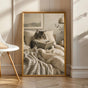 Norwegian Forest Cat Reading in Bed Poster | Modern Gouache Cat Wall Art | Warm Beige Charcoal Gray Decor | Cozy Bedroom Reading Nook Print