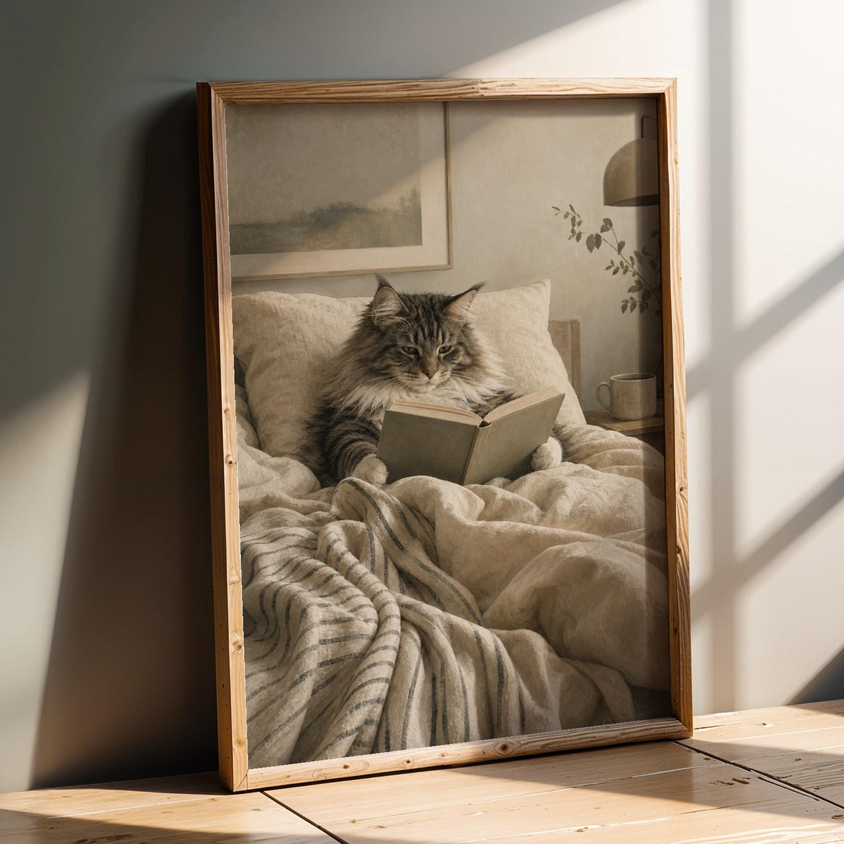 Norwegian Forest Cat Reading in Bed Poster | Modern Gouache Cat Wall Art | Warm Beige Charcoal Gray Decor | Cozy Bedroom Reading Nook Print