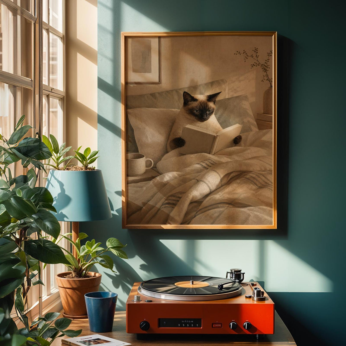 Siamese Cat Reading in Bed Poster | Scandinavian Gouache Cat Wall Art | Beige Ivory Nordic Decor | Cozy Minimalist Bedroom Print