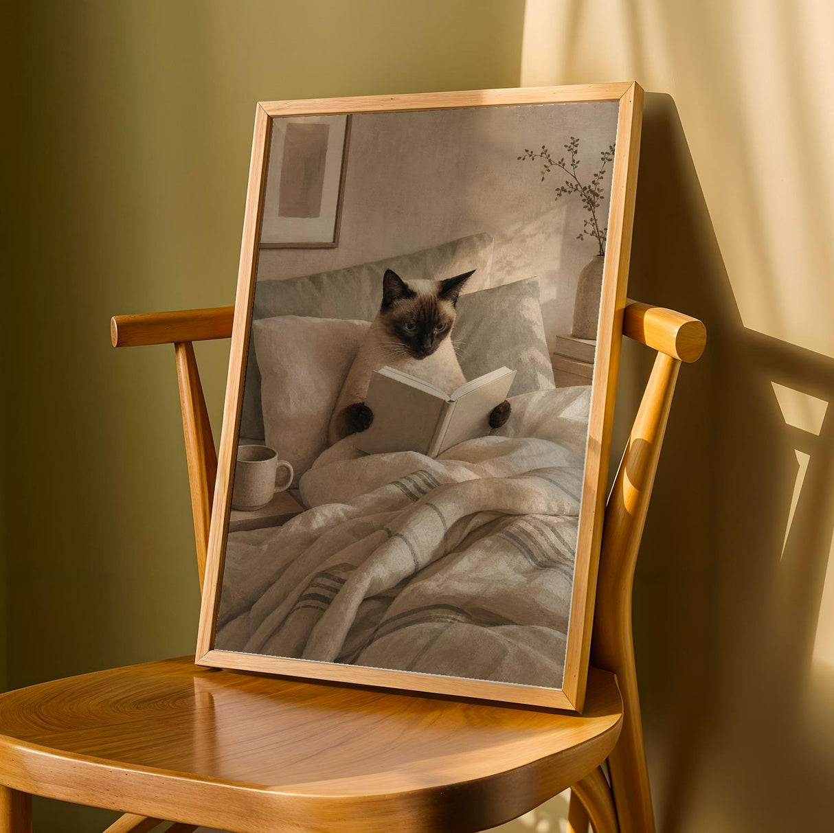 Siamese Cat Reading in Bed Poster | Scandinavian Gouache Cat Wall Art | Beige Ivory Nordic Decor | Cozy Minimalist Bedroom Print