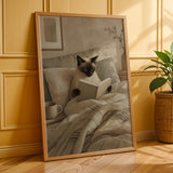 Siamese Cat Reading in Bed Poster | Scandinavian Gouache Cat Wall Art | Beige Ivory Nordic Decor | Cozy Minimalist Bedroom Print