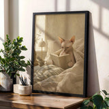 Sphynx Cat Reading in Bed Poster | Modern Gouache Cat Wall Art | Warm Beige Oat Milk Decor | Cozy Minimalist Bedroom Print