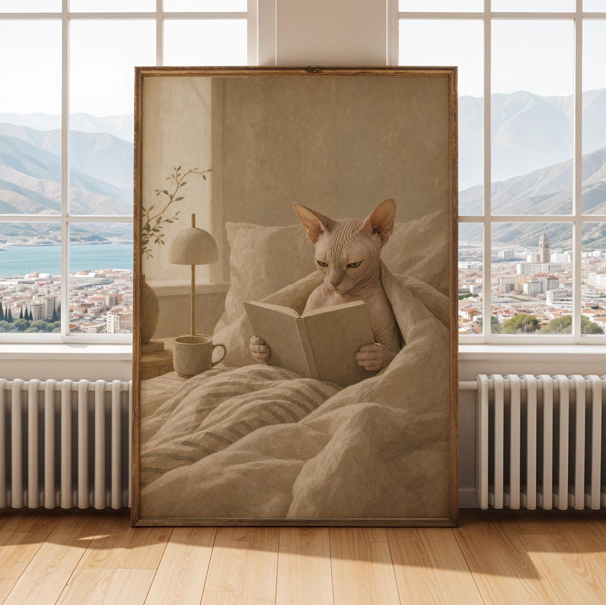 Sphynx Cat Reading in Bed Poster | Modern Gouache Cat Wall Art | Warm Beige Oat Milk Decor | Cozy Minimalist Bedroom Print