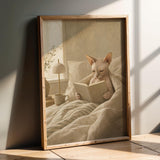 Sphynx Cat Reading in Bed Poster | Modern Gouache Cat Wall Art | Warm Beige Oat Milk Decor | Cozy Minimalist Bedroom Print