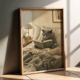 British Shorthair Cat Reading in Bed Poster | Scandinavian Gouache Cat Wall Art | Warm Beige Nordic Decor | Cozy Minimalist Bedroom Print