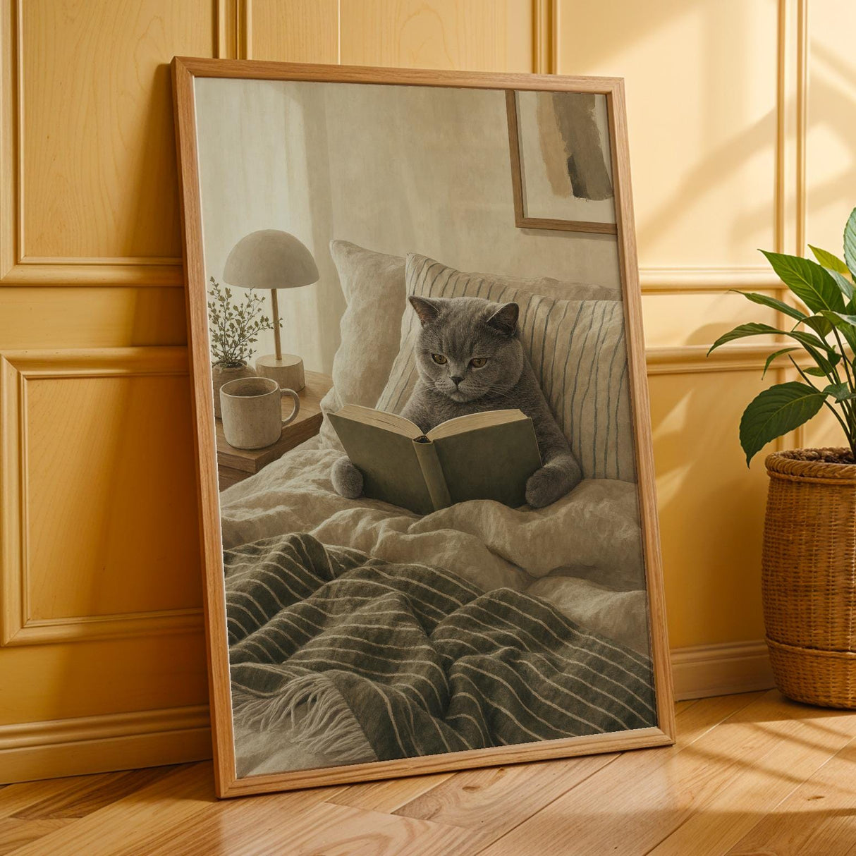 British Shorthair Cat Reading in Bed Poster | Scandinavian Gouache Cat Wall Art | Warm Beige Nordic Decor | Cozy Minimalist Bedroom Print