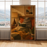 British Shorthair Reading in Armchair Poster | Retro Modern Cat Wall Art | Yellow Burnt Orange Decor | Cozy Mid Century Living Room Print