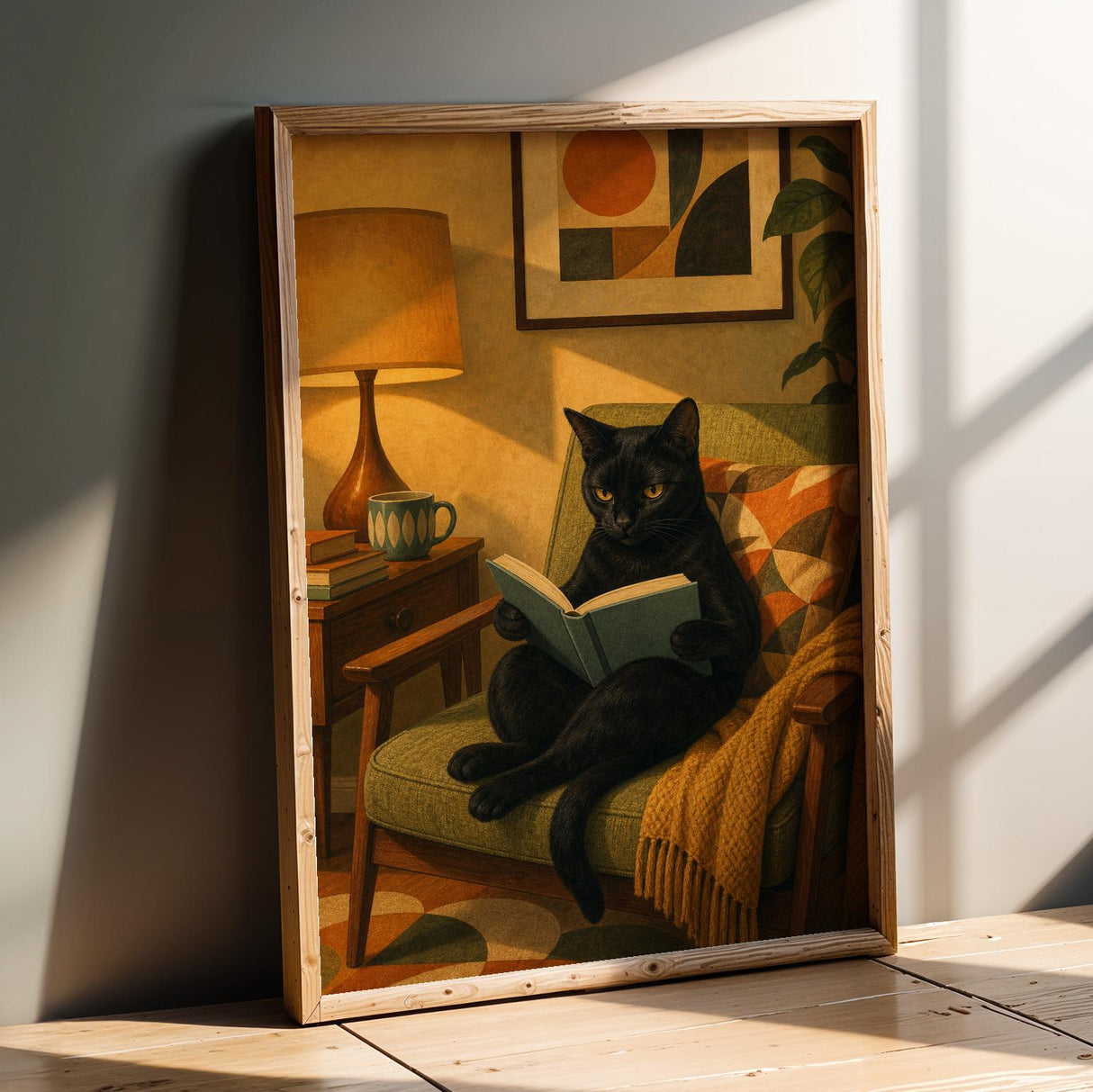 Bombay Cat Reading in Armchair Poster | Retro Modern Cat Wall Art | Yellow Decor | Cozy Mid Century Living Room Print | Cat Lover Gift
