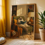 Ragdoll Cat Reading in Armchair Poster | Retro Painterly Cat Wall Art | Olive Green Burnt Orange Decor | Cozy Mid Century Living Room Print