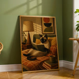Siamese Cat Reading in Bed Poster | Modern Minimalist Cat Wall Art | Neutral Contemporary Living Room Print | Cozy Bedroom Home Decor