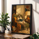Ragdoll Cat Reading in Armchair Poster | Retro Painterly Cat Wall Art | Olive Green Burnt Orange Decor | Cozy Mid Century Living Room Print