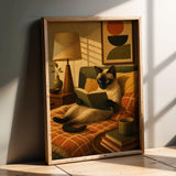 Siamese Cat Reading in Bed Poster | Modern Minimalist Cat Wall Art | Neutral Contemporary Living Room Print | Cozy Bedroom Home Decor