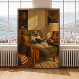 Ragdoll Cat Reading in Armchair Poster | Retro Painterly Cat Wall Art | Olive Green Burnt Orange Decor | Cozy Mid Century Living Room Print