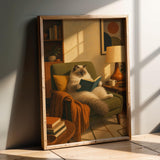 Ragdoll Cat Reading in Armchair Poster | Retro Painterly Cat Wall Art | Olive Green Burnt Orange Decor | Cozy Mid Century Living Room Print
