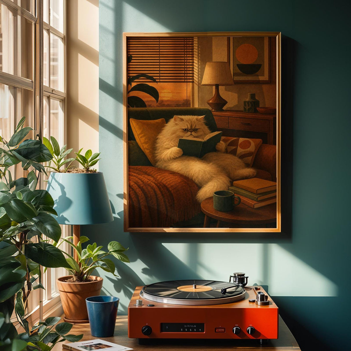 Persian Cat Reading in Armchair Poster | Retro Modern Cat Wall Art | Mustard Yellow Walnut Brown Decor | Cozy Mid Century Living Room Print