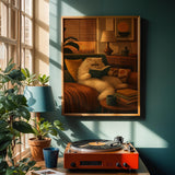 Persian Cat Reading in Armchair Poster | Retro Modern Cat Wall Art | Mustard Yellow Walnut Brown Decor | Cozy Mid Century Living Room Print