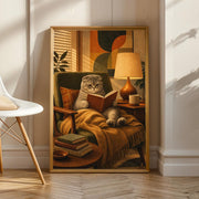 Scottish Fold Cat Reading in Armchair illustrated in Mid Century Modern style on a poster