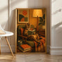 Bengal Cat Reading in Armchair Poster | Mid Century Modern Cat Wall Art | Mustard Yellow Burnt Orange Decor | Cozy Retro Living Room Print