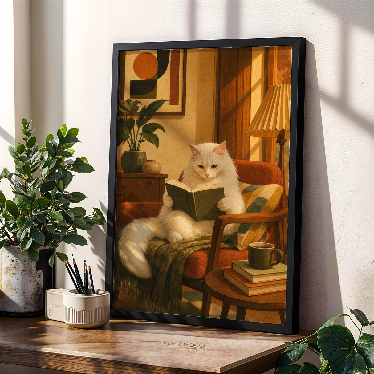 Turkish Angora Cat Reading in Armchair Poster | Retro Modern Cat Wall Art | Warm Cream Yellow Decor | Cozy Mid Century Living Room Print