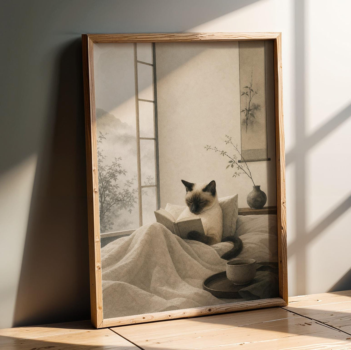 Siamese Cat Reading in Bed Poster | Japanese Zen Sumi-e Cat Wall Art | Warm Ivory Fog Gray Decor | Minimalist Bedroom Print | Cat Lover Gift