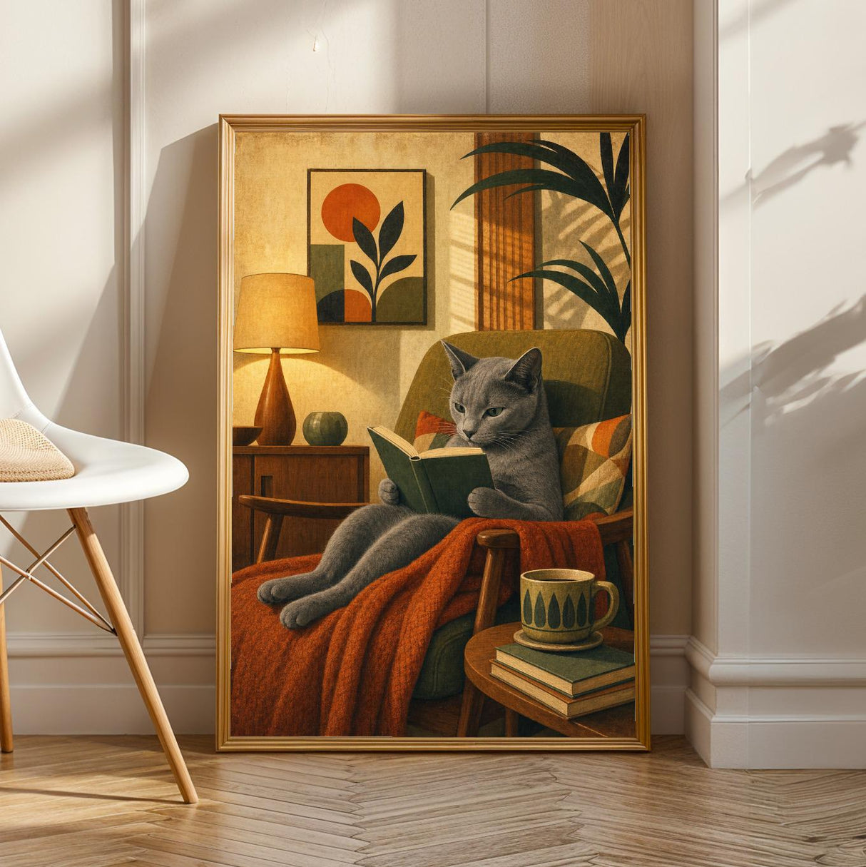 Russian Blue Cat Reading Book Poster | Modern Cat Wall Art Print | Warm Cream Mustard Yellow Decor | Literary Cat Lover Gift | Office Decor