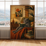 Russian Blue Cat Reading Book Poster | Modern Cat Wall Art Print | Warm Cream Mustard Yellow Decor | Literary Cat Lover Gift | Office Decor