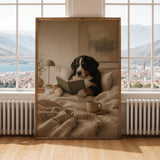 Bernese Mountain Dog Reading in Bed Poster | Modern Gouache Dog Wall Art | Warm Oat Milk Beige Decor | Scandinavian Bedroom Print