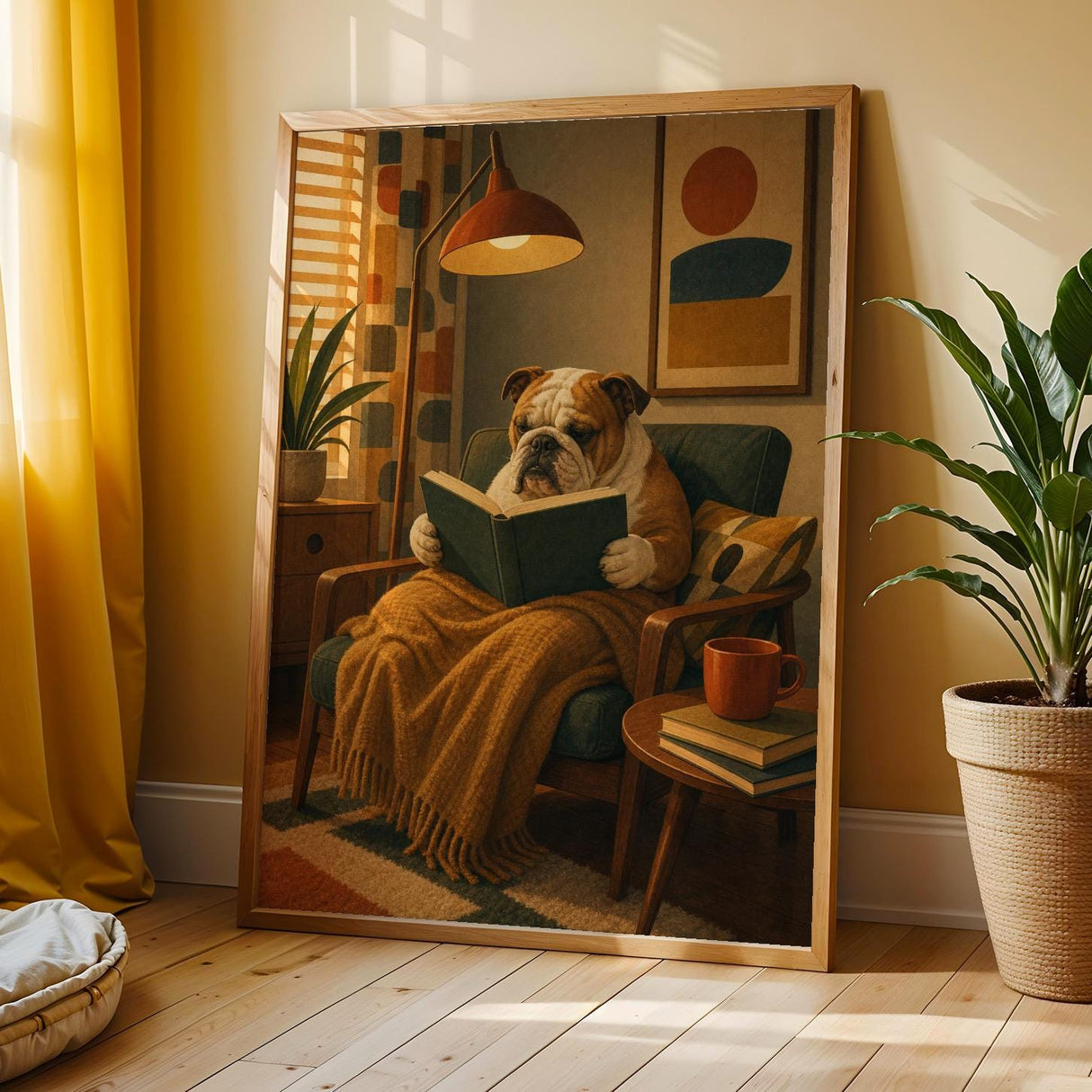 English Bulldog Reading a Book Poster | Modern Dog Wall Art Print | Mustard Yellow Burnt Orange Decor | Cozy Reading Nook Art