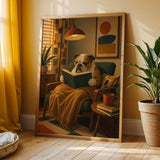 English Bulldog Reading a Book Poster | Modern Dog Wall Art Print | Mustard Yellow Burnt Orange Decor | Cozy Reading Nook Art