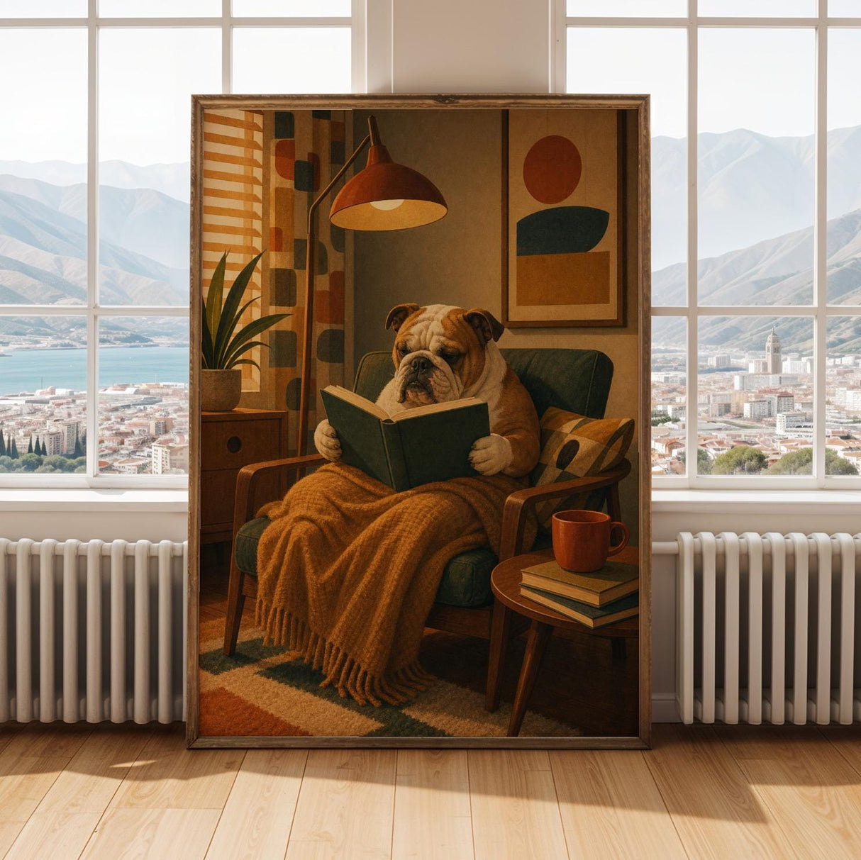English Bulldog Reading a Book Poster | Modern Dog Wall Art Print | Mustard Yellow Burnt Orange Decor | Cozy Reading Nook Art