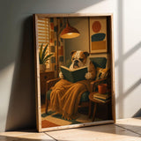 English Bulldog Reading a Book Poster | Modern Dog Wall Art Print | Mustard Yellow Burnt Orange Decor | Cozy Reading Nook Art