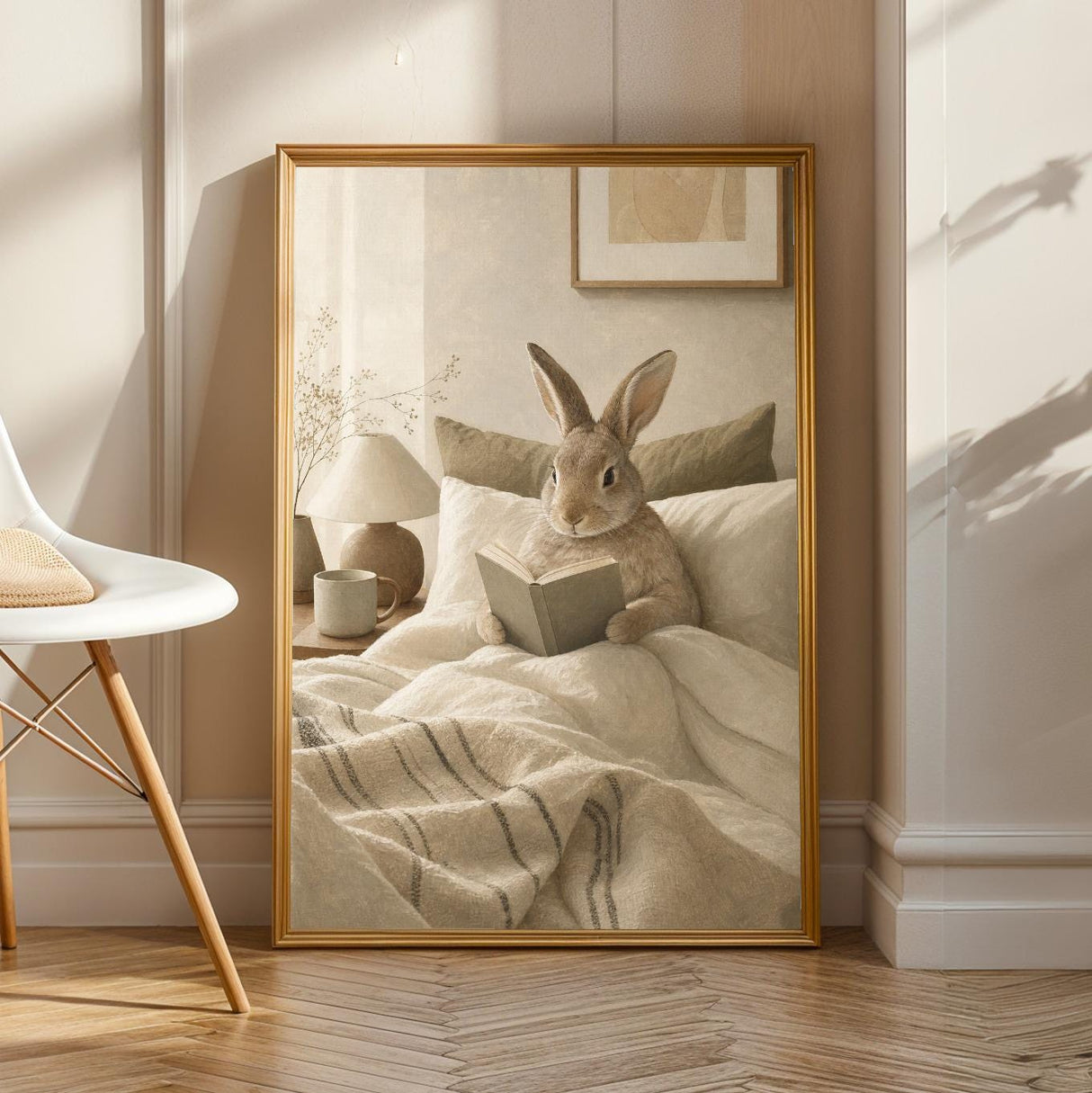 Californian Rabbit Reading in Bed Poster | Modern Gouache Bunny Wall Art | Warm Beige Oat Milk Decor | Cozy Scandinavian Bedroom Print