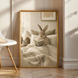 Californian Rabbit Reading in Bed Poster | Modern Gouache Bunny Wall Art | Warm Beige Oat Milk Decor | Cozy Scandinavian Bedroom Print