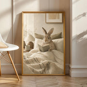 Californian Rabbit Reading in Bed illustrated in Modern Gouache style on a poster