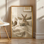 Californian Rabbit Reading in Bed Poster | Modern Gouache Bunny Wall Art | Warm Beige Oat Milk Decor | Cozy Scandinavian Bedroom Print