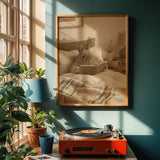 Netherland Dwarf Rabbit Reading in Bed Poster | Modern Gouache Bunny Wall Art | Warm Neutral Bedroom Decor | Cozy Minimalist Nook Print