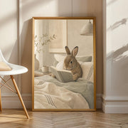 Mini Rex Rabbit Reading in Bed illustrated in Scandinavian Gouache style on a poster