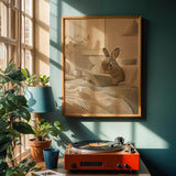 Mini Rex Rabbit Reading in Bed Poster | Scandinavian Gouache Bunny Wall Art | Warm Beige Oat Milk Decor | Cozy Nordic Bedroom Print