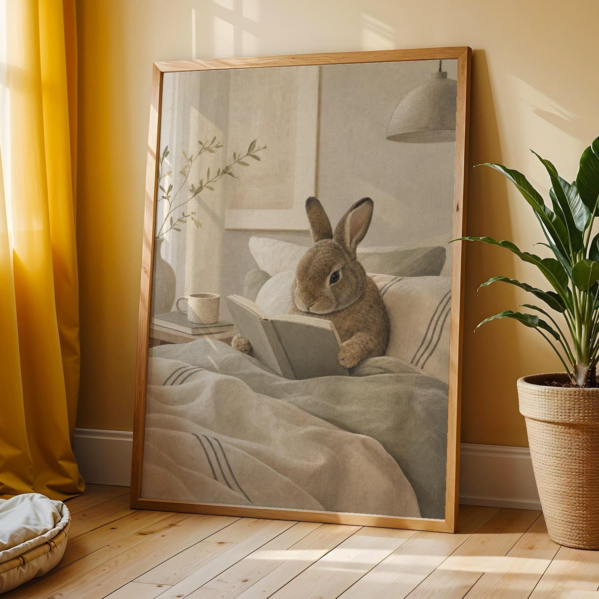 Mini Rex Rabbit Reading in Bed Poster | Scandinavian Gouache Bunny Wall Art | Warm Beige Oat Milk Decor | Cozy Nordic Bedroom Print